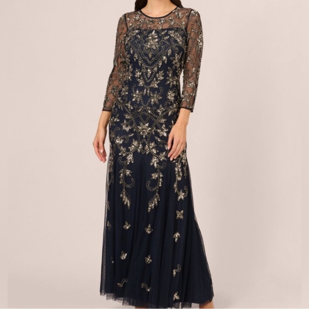 Adrianna Papell Navy and Gold Long Sleeve Gown size 8